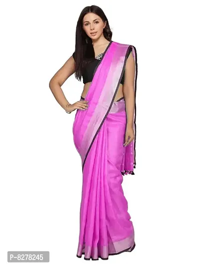 Naz Boutique_ Handloom Women's Bhagalpuri Linen Slub Saree With Blouse Color Paipin And Blouse Black Simple  Sober Free Size 5.5 Meter 80 Cm Blouse (Ultra Pink)-thumb0