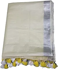 KNB Naz Boutique Handloom Women's Cotton Linen Simple And Sober Very Nice Bhagalpuri Linen-Slub Blend Two Dye Saree with Running Blouse Piece_Free Size 6.5 Meter Including Blouse (White Yellow)-thumb3