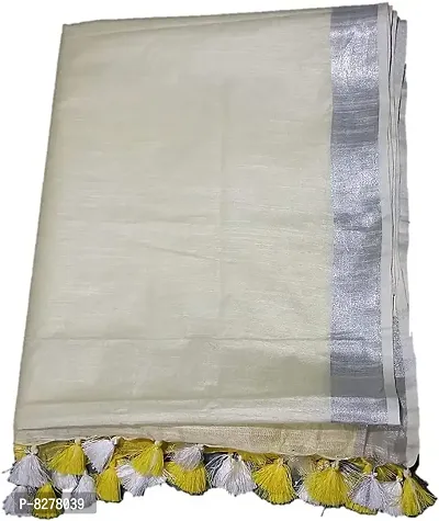 KNB Naz Boutique Handloom Women's Cotton Linen Simple And Sober Very Nice Bhagalpuri Linen-Slub Blend Two Dye Saree with Running Blouse Piece_Free Size 6.5 Meter Including Blouse (White Yellow)-thumb4