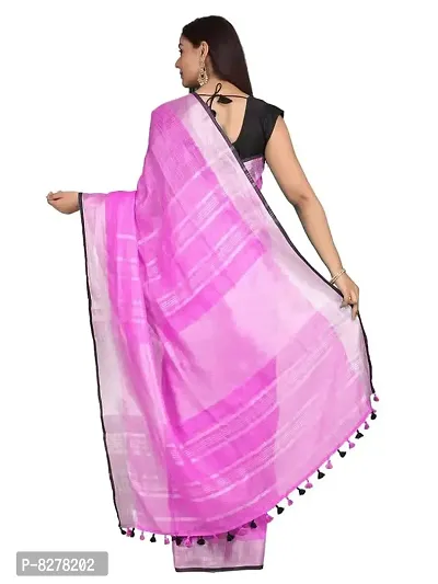 Naz Boutique_ Handloom Women's Bhagalpuri Linen Slub Saree With Blouse Color Paipin And Blouse Black Simple  Sober Free Size 5.5 Meter 80 Cm Blouse (Ultra Pink)-thumb3