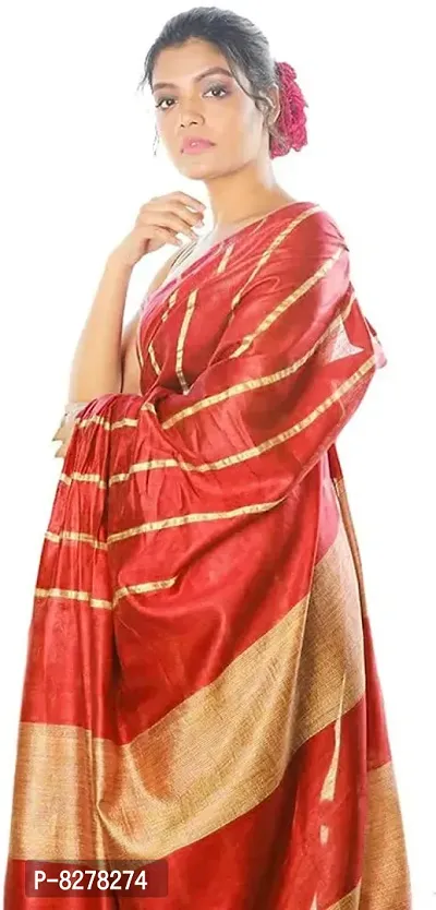 KNB Naz Boutique Bhagalpuri Handloom Women's Cotton Art Silk Strips Saree Self Golden Strips Design With Running Blouse Free Size 6.5 Meter Including Blouse (Redish Maroon)-thumb3