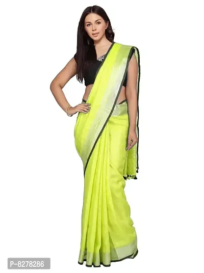 Naz Boutique Handloom Women's Bhagalpuri Linen Slub Saree With Blouse Color Paipin And Blouse Black Simple  Sober Free Size 5.5 Meter 80 Cm Blouse (Lime Green)