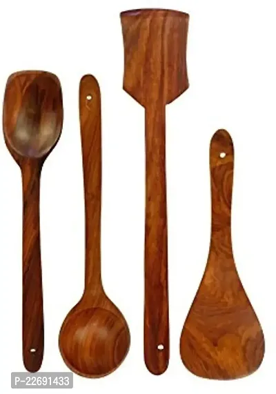 Bros Moon Wooden Basera Wooden Coocking Spoon Spatula  Ladle Spoon Set of 4 (Brown)-thumb0