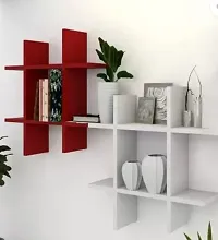 Bros Moon Wooden Floating Elegant Plus Style Wall Shelves | Living Room | Kids Room | Kitchen| Mandir (Red White 2 Plus)-thumb2