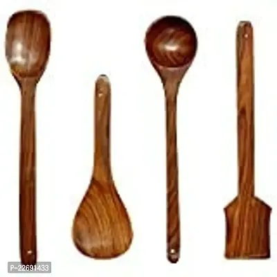 Bros Moon Wooden Basera Wooden Coocking Spoon Spatula  Ladle Spoon Set of 4 (Brown)-thumb3