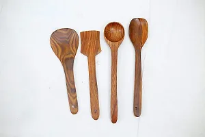 Bros Moon Wooden Basera Wooden Coocking Spoon Spatula  Ladle Spoon Set of 4 (Brown)-thumb1