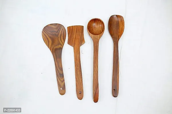 Bros Moon Wooden Basera Wooden Coocking Spoon Spatula  Ladle Spoon Set of 4 (Brown)-thumb2