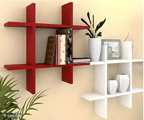 Bros Moon Wooden Floating Elegant Plus Style Wall Shelves | Living Room | Kids Room | Kitchen| Mandir (Red White 2 Plus)-thumb4