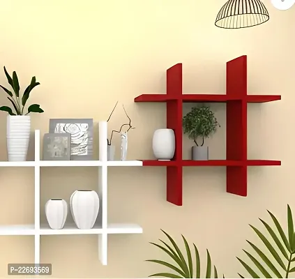 Bros Moon Wooden Floating Elegant Plus Style Wall Shelves | Living Room | Kids Room | Kitchen| Mandir (Red White 2 Plus)