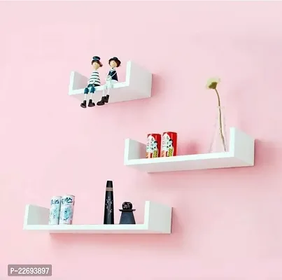 Bros Moon Wooden Floating Elegant Wall Shelves | U Style Wall Mounted Stand |Home Decor | Living Room | Kids Room | Kitchen| Mandir (White 3)