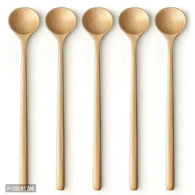 Long Spoons Wooden, 5 Pieces Korean Style 11 inches Natural Mangifera Wood Long Handle Round Spoons for Soup Cooking-thumb0