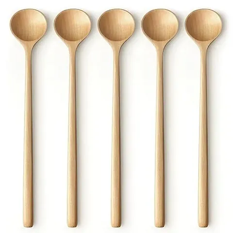 Long Spoons Wooden, 5 Pieces Korean Style 11 inches Natural Mangifera Wood Long Handle Round Spoons for Soup Cooking