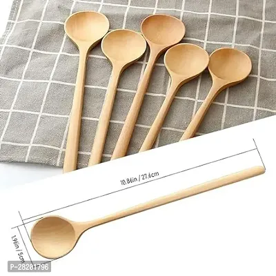 Long Spoons Wooden, 5 Pieces Korean Style 11 inches Natural Mangifera Wood Long Handle Round Spoons for Soup Cooking-thumb2