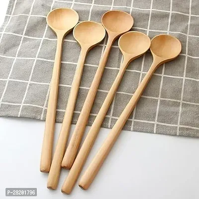 Long Spoons Wooden, 5 Pieces Korean Style 11 inches Natural Mangifera Wood Long Handle Round Spoons for Soup Cooking-thumb3