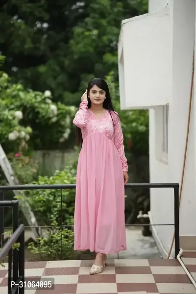 Stylish Pink Georgette Ethnic Gown For Women