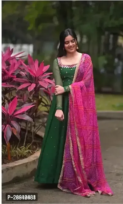 Green coloured Georgette Gown with Dupatta-thumb0