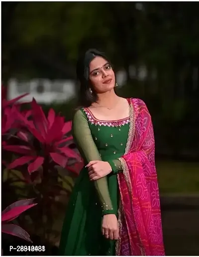 Green coloured Georgette Gown with Dupatta-thumb2