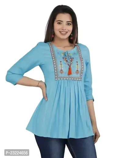 Shree Shyam Fashion Womens Rayon Embroidered Regular Fit Short Kurti Top (X-Large, Sky Blue)
