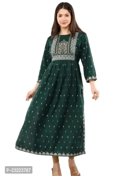 Shree Shyam Fashion Nayra Cut Kurti Women and Girl's Rayon Printed Single Fesival Nayra Cut Kurti | Attractive Trending Design Side Cut Summer Special Kurti Green