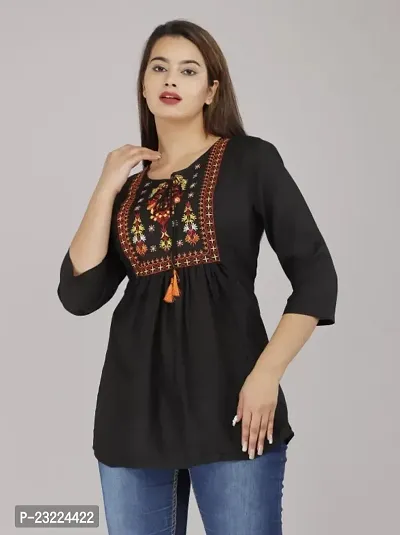 Shree Shyam Fashion Womens Rayon Embroidered Regular Fit Short Kurti Top (Large, Black)-thumb4