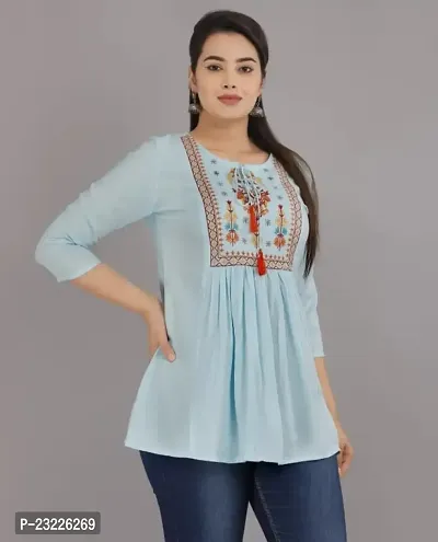 Shree Shyam Fashion Womens Rayon Embroidered Regular Fit Short Kurti Top (Large, Light Blue)-thumb5