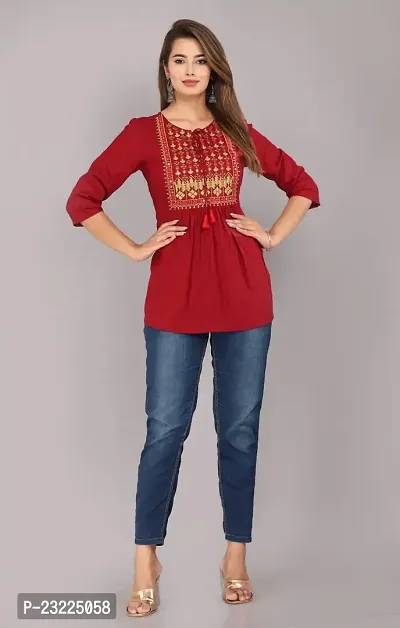 Shree Shyam Fashion Womens Rayon Embroidered Regular Fit Short Kurti/Top (X-Large, Red)-thumb5