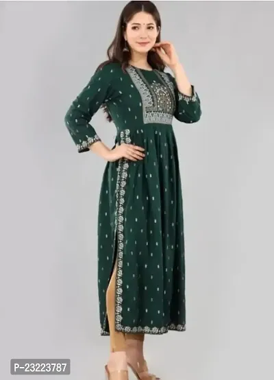 Shree Shyam Fashion Nayra Cut Kurti Women and Girl's Rayon Printed Single Fesival Nayra Cut Kurti | Attractive Trending Design Side Cut Summer Special Kurti Green-thumb2