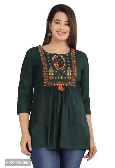 Shree Shyam Fashion Womens Rayon Embroidered Regular Fit Short Kurti Top (XX-Large, Green)