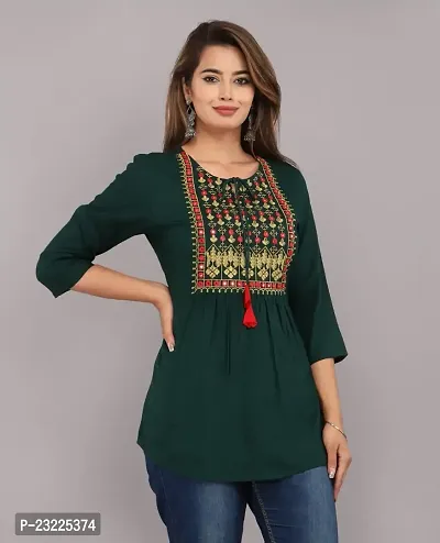Shree Shyam Fashion Womens Rayon Embroidered Regular Fit Short Kurti/Top (Large, Green)-thumb3