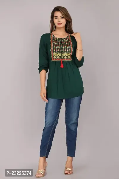 Shree Shyam Fashion Womens Rayon Embroidered Regular Fit Short Kurti/Top (Large, Green)-thumb5