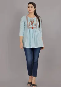Shree Shyam Fashion Womens Rayon Embroidered Regular Fit Short Kurti Top (Large, Light Blue)-thumb2