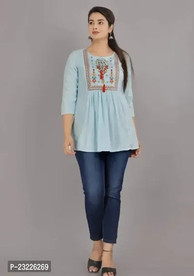 Shree Shyam Fashion Womens Rayon Embroidered Regular Fit Short Kurti Top (Large, Light Blue)-thumb3