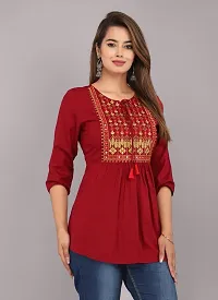 Shree Shyam Fashion Womens Rayon Embroidered Regular Fit Short Kurti/Top (X-Large, Red)-thumb3
