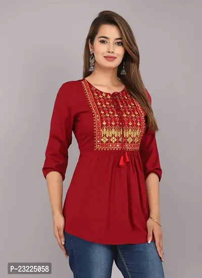 Shree Shyam Fashion Womens Rayon Embroidered Regular Fit Short Kurti/Top (X-Large, Red)-thumb4
