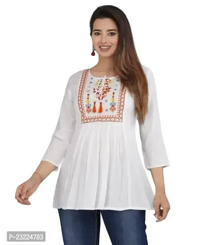 Shree Shyam Fashion Womens Rayon Embroidered Regular Fit Short Kurti Top (X-Large, White)