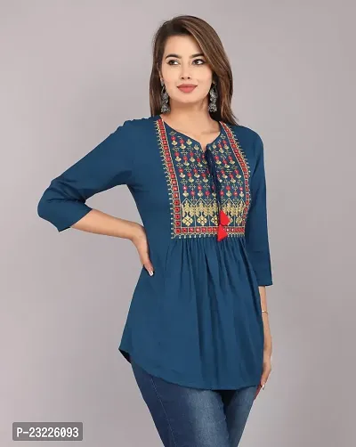 Shree Shyam Fashion Womens Rayon Embroidered Regular Fit Short Kurti/Top (Medium, Blue)-thumb4