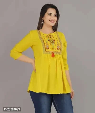 Shree Shyam Fashion Womens Rayon Embroidered Regular Fit Short Kurti Top (X-Large, Yellow)-thumb4