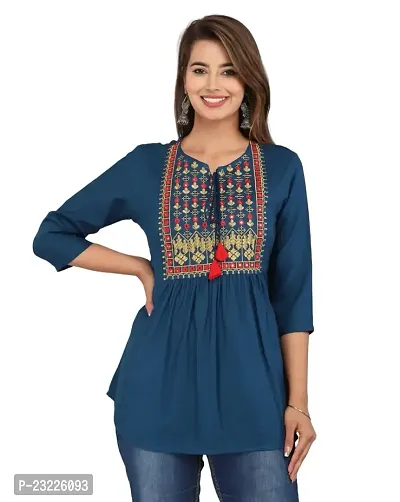 Shree Shyam Fashion Womens Rayon Embroidered Regular Fit Short Kurti/Top (Medium, Blue)-thumb0