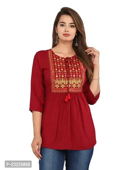 Shree Shyam Fashion Womens Rayon Embroidered Regular Fit Short Kurti/Top (X-Large, Red)
