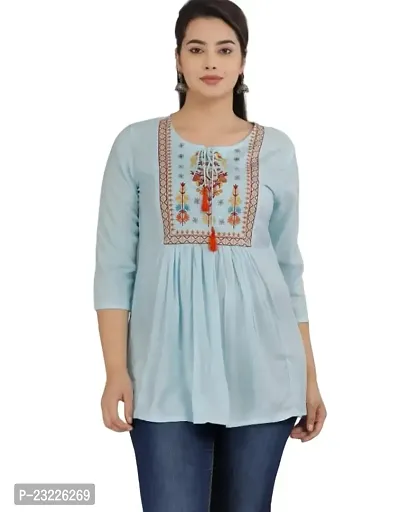 Shree Shyam Fashion Womens Rayon Embroidered Regular Fit Short Kurti Top (Large, Light Blue)