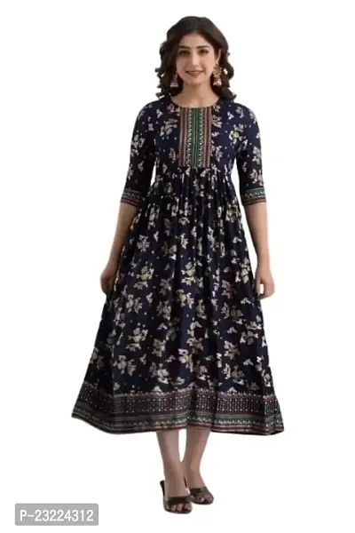 Shree Shyam Fashion Womens Printed Rayon Anarkali Kurta for Girls Casual Wear Long Kurti (X-Large, Navy Blue)-thumb0