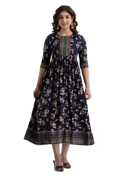 Shree Shyam Fashion Womens Rayon Anarkali Kurta for Girls Casual Wear Long Kurti (X-Large, Blue)