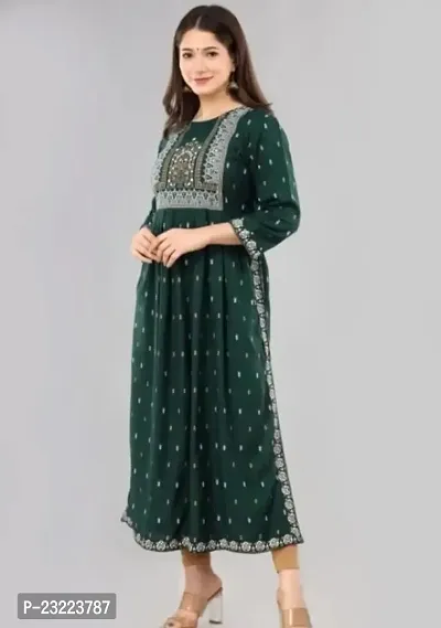 Shree Shyam Fashion Nayra Cut Kurti Women and Girl's Rayon Printed Single Fesival Nayra Cut Kurti | Attractive Trending Design Side Cut Summer Special Kurti Green-thumb3