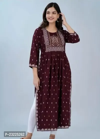 Shree Shyam Fashion Nayra Cut Kurti Women and Girl's Rayon Printed Single Fesival Nayra Cut Kurti | Attractive Trending Design Side Cut Summer Special Kurti Maroon-thumb3