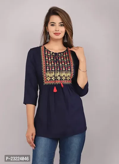 Shree Shyam Fashion Womens Rayon Embroidered Regular Fit Short Kurti/Top (X-Large, Dark Blue)-thumb5