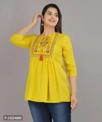 Shree Shyam Fashion Womens Rayon Embroidered Regular Fit Short Kurti Top (X-Large, Yellow)-thumb3