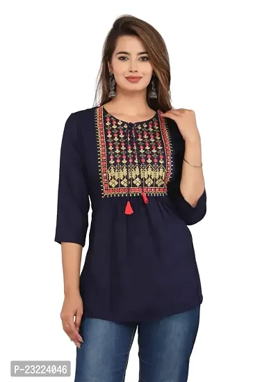 Shree Shyam Fashion Womens Rayon Embroidered Regular Fit Short Kurti/Top (X-Large, Dark Blue)-thumb0