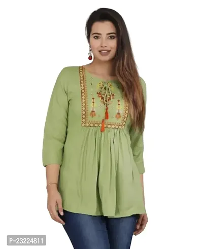 Shree Shyam Fashion Womens Rayon Embroidered Regular Fit Short Kurti Top (Medium, Light Green)