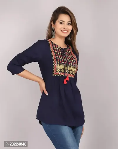 Shree Shyam Fashion Womens Rayon Embroidered Regular Fit Short Kurti/Top (X-Large, Dark Blue)-thumb4