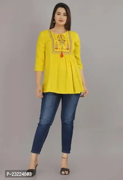 Shree Shyam Fashion Womens Rayon Embroidered Regular Fit Short Kurti Top (X-Large, Yellow)-thumb5